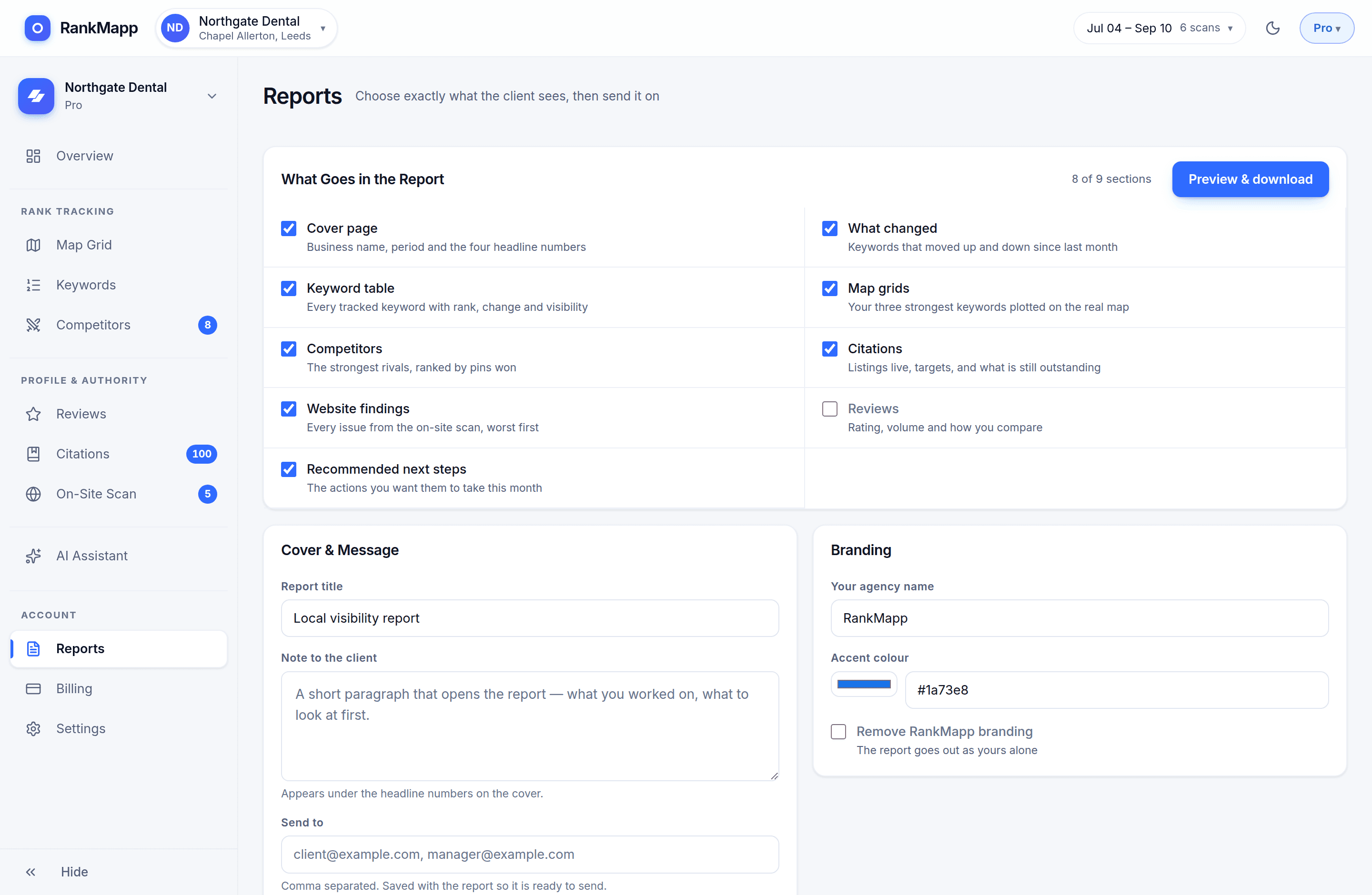 The report builder, choosing which sections appear and in what order.