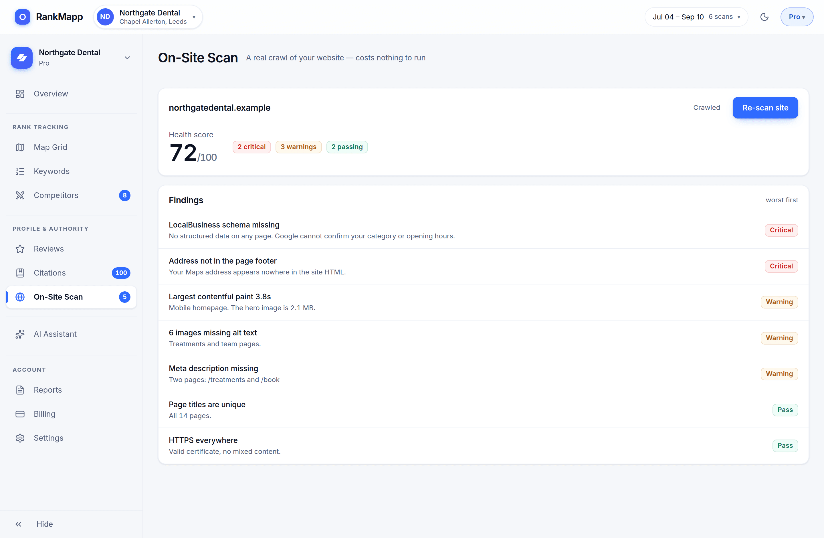The website scan: a score out of 100 with each of the 18 checks passed, warned or failed.